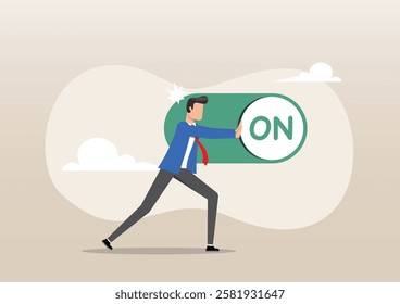 An illustration of smart businessman push setting button switch to on position. Turn on switch, start or begin business, setting or preference concept