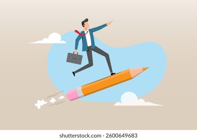 An illustration of smart businessman riding pencil rocket flying high into the sky. Education or knowledge help career development, writing skill or artist mindset concept