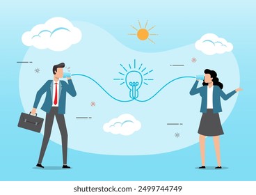 An illustration of smart businessman talk to colleague on phone line with lightbulb symbol. Good communication skill for business success, brainstorm or discuss in meeting concept.