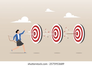 An illustration of smart businesswoman archery hit multiple bullseyes with a single arrow. Completed multiple tasks with single action, efficiency to success and achieving many targets with small effo