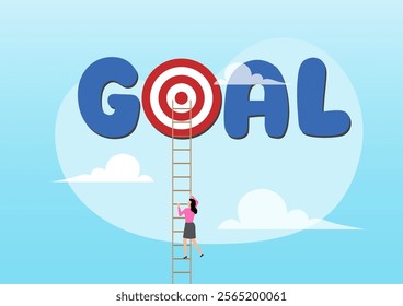 An illustration of smart businesswoman climb up ladder high into cloud sky to reach goal dartboard. Ladder to reach goal, target and achievement, business objective or purpose concept