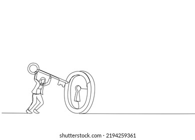 Illustration of smart businesswoman investor holding huge key to unlock coin keyhole. Metaphor for financial success, investment opportunity, and profit gain. One line style art
