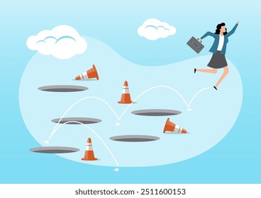 An illustration of smart businesswoman jump pass many pitfalls to achieve business success. Motivation to achieve bigger business target concept