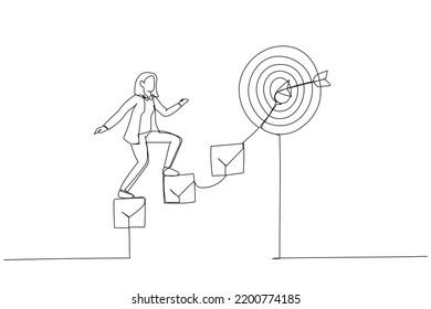 Ilustración de una empresaria inteligente subiendo a la lista de verificación como escalera para alcanzar el objetivo. Metáfora del plan de desarrollo personal para el éxito profesional. Estilo de arte de una sola línea
