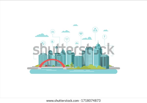 illustration of a smart city with a bridge and a\
smart transportation flat\
design