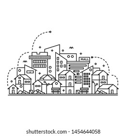 Illustration Of Smart City In Line Art With Colorful Icons. Future Technology Concepts