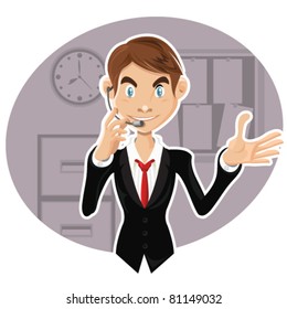 An illustration of smart, confident man with occupation as a salesman, customer service, call center, and IT Support, explaining procedure, giving solution, and communicate to help customer.