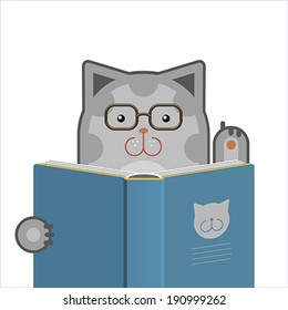 Illustration of smart cute cat with glasses reading the book. Vector image, easy editable.