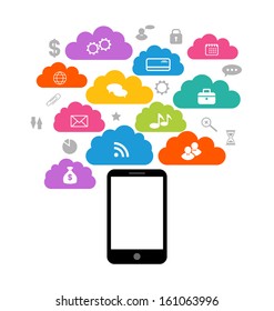 Illustration smart device with cloud of application icons, business infographics elements - vector