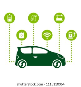 Illustration of smart electric car with icons of charging on white background. Eco friendly life concept