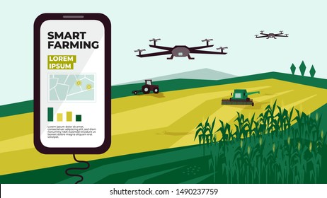 Illustration of  smart farm with drone control. Innovation technology for agricultural company. Automation farming with remote controllable tractor, combine harvester. Template for web, print, report.