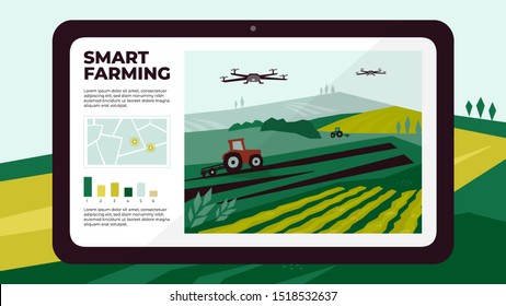 Illustration of  smart farm with drone control by tablet. Innovation technology for agricultural company. Automation farming with remote controllable tractors. Template for web, print, flyer, report.