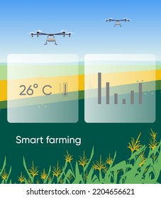 Illustration Of Smart Farm With Drone Control. Innovation Technology For Agricultural Company. Data Visualisation, Weather Infographic. Template For Web, Print, Report.