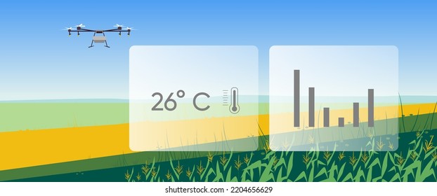 Illustration Of Smart Farm With Drone Control. Innovation Technology For Agricultural Company. Data Visualisation, Weather Infographic. Template For Web, Print, Report.