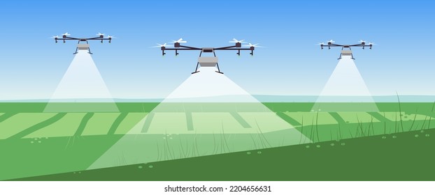 Illustration of smart farm with drone control. Innovation technology for agricultural company. Automation farming. Template for web, print, report.