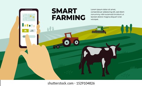 Illustration of  smart farming with smartphone in hands. Innovation technology for agricultural company. Remote controllable tractor, combine harvester. Template with cow, machinery for banner, flyer.