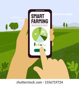 Ilustración de agricultura inteligente con smartphone en las manos. Tecnología de innovación en agricultura. Análisis de datos, gráfico y gráfico en el dispositivo. Campos agrícolas paisajísticos. Plantilla para banner, volante y anuncio