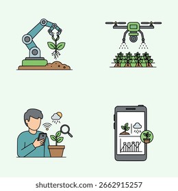 Ilustração de tecnologia agrícola inteligente usando robótica, drones e aplicativos móveis para monitoramento de plantas e rastreamento do crescimento
