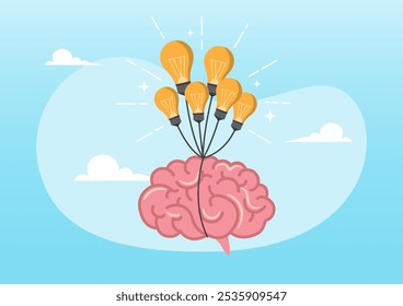 Eine Illustration von Smart Human Brain Fliegen mit Glühbirnen Idee Ballons. Brain Power, Idee oder Kreativität, um Erfolg zu helfen, Fantasie für das Denken, um Ideenkonzept zu entwickeln