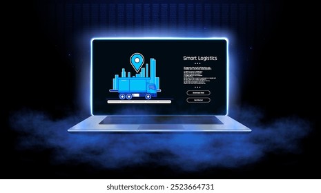 Ilustración de la tecnología logística inteligente en un portátil con un resplandor azul que muestra el seguimiento de la entrega y las soluciones de gestión de carga