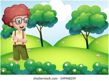 Illustration of a smart looking boy standing at the top of the hill