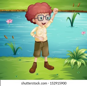 Illustration of a smart looking boy standing near the river