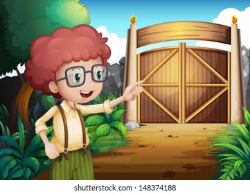 Illustration of a smart looking young boy inside the gate