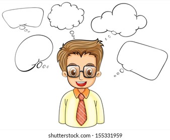 Ilustração de um homem inteligente com textos explicativos vazios sobre um fundo branco