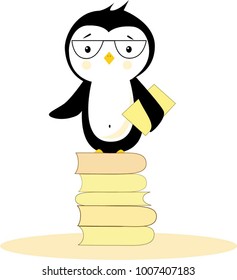 illustration of smart penguin with books