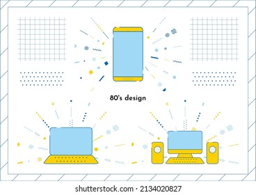 ilustración de smartphone y computadora 
línea de efecto de diseño de los años 80