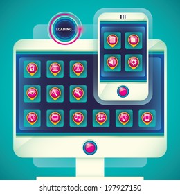 Illustration of smart phone, computer and icon set. Vector illustration.