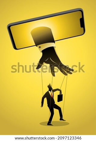An illustration of smart phone controlling man. Social media, gadget, dependency concept