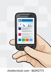 Illustration of a smart phone with mobile website on it`s display.