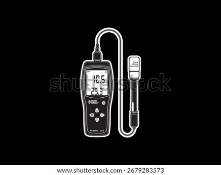 Illustration of Smart Sensor handheld pH meter with electrode probe, design monochrome with sticker style, used for water quality and lab testing
