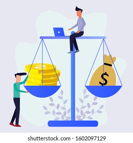 Illustration of smart vector flat investment. Employers sit on a balance sheet containing coins and bags with colleagues. A happy businessman in informal clothes. Investors, startups, successful busin