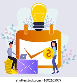 Illustration of smart vector flat investment. Businessmen sit on a pile of coins with colleagues in a large calendar setting. A happy businessman in informal clothes. Investors, startups, successful b