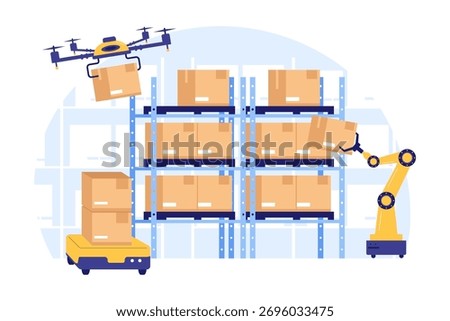Illustration of Smart Warehouse Automation. Drone and Robot Arm Technology Working Together for Efficient Inventory Management and Digital Logistics Operations
