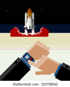 Illustration of Smart watch and the Spaceship. Spaceship launch with Smart watch. And a further flight of the Spaceship. Vector.