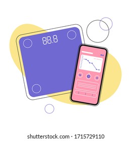 Illustration of smart weight scale and a smartphone with weight information on it's display. Getting information of weight using mobile app. Smart body analyzer. Measuring Weights icon.