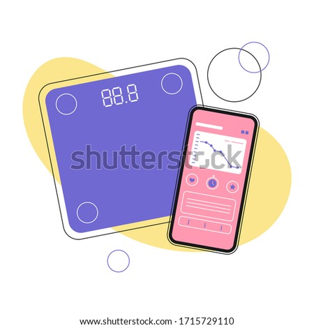 Illustration of smart weight scale and a smartphone with weight information on it's display. Getting information of weight using mobile app. Smart body analyzer. Measuring Weights icon.