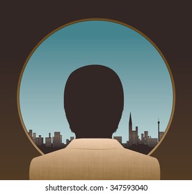 Illustration of smartly dressed man looking out over the urban landscape with skyscrapers and blue sky background.  