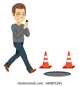 Illustration of smartphone addiction concept with man checking phone about to fall in a manhole