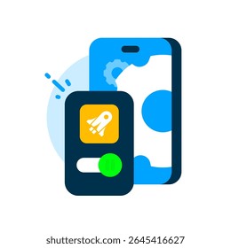 Ilustração de smartphone com ícone de aplicativo, configurações de engrenagem, interruptor de alternância. configurações de permissão de aplicativo móvel ou controle de acesso de privacidade do usuário. para conceitos de IU, dados, segurança móvel e consentimento digital