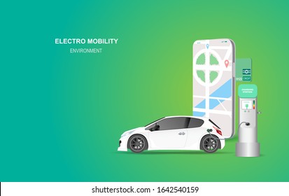 illustration smartphone banner with electric car charging station. Electro mobility environment for map location network concept.Green Clean energy transport.Creative paper art and craft style vector 