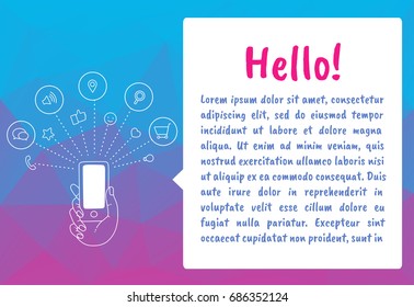 Illustration smartphone for banner, presentation, website. Presentation template of mobile screen. Cloud tools for business. Cloud technology and service for social networking, media - stock vector