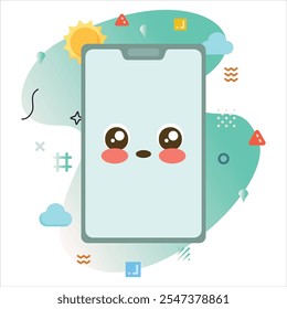 Ilustración de un teléfono inteligente con un lindo emoji asombrado, rodeado de Elementos gráficos coloridos y Formas Abstractas llamativas | Increíble diseño de icono de emoji en la pantalla del teléfono inteligente