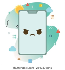 Ilustración de un teléfono inteligente con un lindo Emoji de cara enojada, rodeado de Elementos gráficos coloridos y Formas Abstractas llamativas | Diseño de icono de emoji de cara enojada en la pantalla del teléfono inteligente