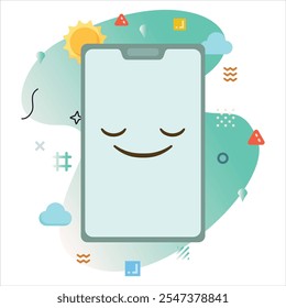 Ilustración de un teléfono inteligente con un lindo emoji arrogante, rodeado de Elementos gráficos coloridos y Formas Abstractas llamativas | Arrogante diseño de icono de emoji en la pantalla del teléfono inteligente