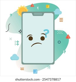 Illustration of a Smartphone with a Cute Confused Emoji, Surrounded by Colorful Graphic Elements and Eye catching Abstract Shapes | Confused Emoji Icon Design on Smartphone Screen