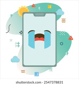 Ilustração de um Smartphone com um Emoji Chorando bonito, cercado por elementos gráficos coloridos e formas abstratas de captura de olhos | Chorando Emoji Icon Design na tela do Smartphone